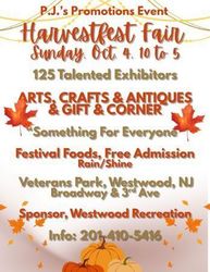 Harvestfest Craft Fair, Antique & Gift Corner, 125 Exhibitors, Sun. Oct 4, Veterans Pk, Westwood, NJ
