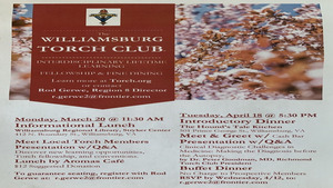 Williamsburg Torch Club Lunch, Mon., 3-20-2023 @ The Stryker Center, Williamsburg, VA