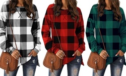 Women's Long Sleeves Plaid Printed Slit Hemline Long Sleeve Mid-Length Tops