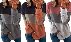 Women's Contrast Color Round Neck Long Sleeves Tee Casual Top