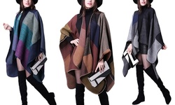Women's Plaid Sweater Poncho Cape Coat Open Front Blanket Shawls and Wraps