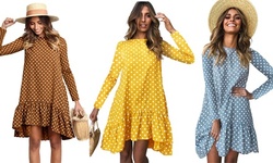 Women's Fashion Printed Dress Polka Dot Ruffle Long Sleeve Loose Dress