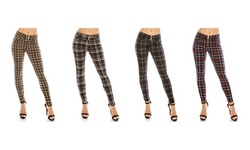 LA12ST Women's Stretchy Plaid Trouser Button Leggings with Pockets