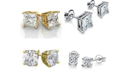 Silver Plated Stud Earrings Round Men Women 2PC CZ Earrings Set
