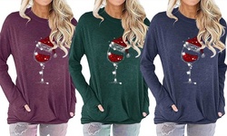 Women's Red Wine Glass Christmas Hat Printed Round Neck Long Sleeve T-shirt