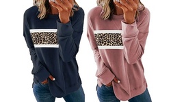 Women's Casual Leopard Round Neck Long Sleeve Loose Pullover Sweatshirt Tops