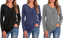Women's V Neck Twist T Shirts Casual Long Sleeve Solid Pullover Tops 