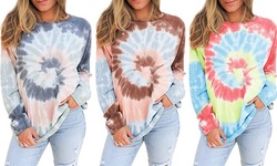 Women's Round Neck Shirts Tie-Dye Printed Tops Long Sleeve Loose Sweatshirts