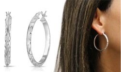 Sterling Silver Diamond Cut Etched Hoop Earrings 20mm-35mm Options