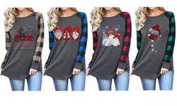 Merry Christmas Shirt Printed T-Shirt Plaid Raglan Sleeve Long Sleeve Tops Tunic