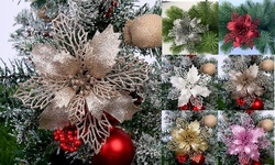12Pcs Glitter Artificial Christmas Flower Poinsettia Xmas Tree Wreaths Ornaments