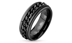Black IP Grooved Edge Center Chain Stainless Steel Spinner Ring