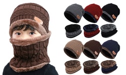 2Pcs Kids Winter Knitted Hats Scarf Set Warm Fleece Beanie Cap for Boys Girls