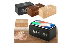 Zummy Wood Digital LED Alarm Clock with Thermometer with Wireless Charger
