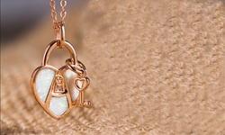 18K Rose Gold Heart Lock & Key Necklace Made with Fire opal by Peermont