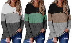 Women Color Block Long Sleeve Shirt Pullover Round Neck Loose Tunic Tops