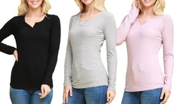 Doublju Women's Placket Neck Long Sleeve Ribbed Top