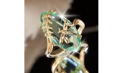 Shinny 18k Gold Natural Gemstone Transparent Emerald Dragonfly Ring Engagement 