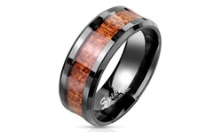 Wood Inlay Center Beveled Edges Stainless Steel Rings