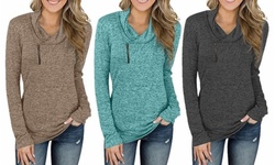 Women Long Sleeve V-Neck Size Zipper Collar Pullover Tunic Tops