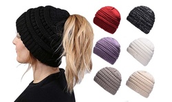 Ponytail Messy Bun BeanieTail Women's Beanie Solid Ribbed Hat Cap
