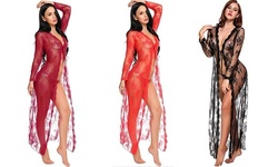 Women Fashion Long Lace Dress Sheer Gown See Through Kimono Robe