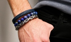 Men's Genuine Lapis or Tigers Eye Stainless Steel Bracelet Set (3-Piece)