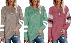 Women Color Block Long Sleeve Shirt Pullover Round Neck Tunic Tops