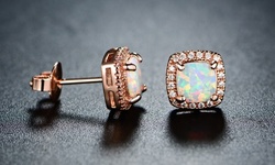 18K Rose Gold Princess-Cut White Fire Opal Stud Earrings by Peermont Jewelry