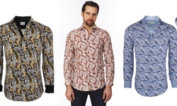 Suslo Couture Men's Slim-Fit Designer Floral Long Sleeve Button Down Shirt 