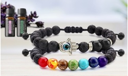 Set of 2: Lava Stone Chakra and Evil Eye Bracelet with Optional Essential Oils 