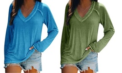 Women's Pure Color Long Sleeve V-Neck Tops Lightweight Pullover T-Shirt 
