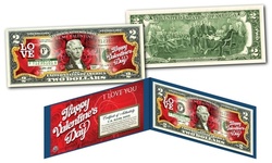 Valentine's Day themed Genuine Legal Tender United States Two-Dollar Bill 