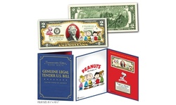 PEANUTS - Charlie Brown & Gang U.S. Two-Dollar Bill in Large Collectors Display 