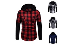 Men's Casual Buffalo Plaid Hooded Shirt Long Sleeve Button Sweatshirt Pullover