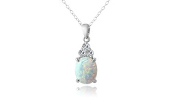 White Opal & Sapphire Oval Pendant Necklace in 925 Sterling Silver