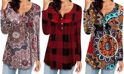 Womens Sexy Print Leisure Button Long-Sleeve Blouse Tunics Floral Printed