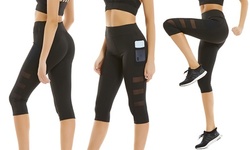 Women High Waisted Mesh Leggings with Pockets Capris Yoga Pants Tummy-Control