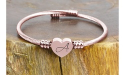 Rose Gold Plated Stainless Steel Heart Cable Initial Bangles By Pink Box