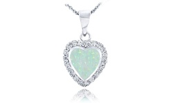 Sterling Silver Created White Opal & CZ Heart Necklace