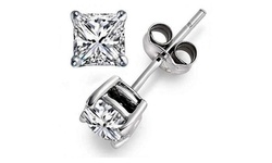 14K Genuine White Gold Princess 3Ct White Sapphire VS1 Stud Earrings