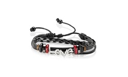 ID Adjustable Triple Strand Black Leather Bracelet - Heart, Love and Peace