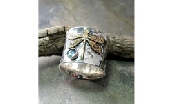 Womens 925 Sterling Silver Natural Gem Aquamarine Dragonfly Ring