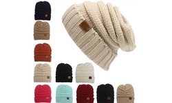 Women Winter Knitted Folds Casual Labeling Beanies Solid Color Beanie Hat 