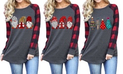 Merry Christmas Striped Raglan Long Sleeve Print Shirts Plaid Baseball Tops