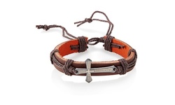 Men's Flared Cross and Lord's Prayer Leather Bracelets