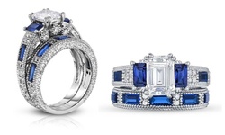 Tri Stone Sapphire Emerald Cut Engraved Ring and Band Set