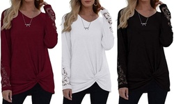 Women's Casual V-Neck Lace Stitching T Shirts Twist Knot Tunics Tops Blouses