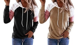 Women's Color Block Hoodies Long Sleeve Sweatshirt Tunic Tops With Pocket