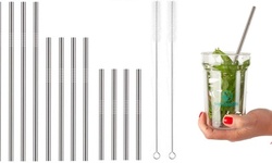 14 Pc Stainless Steel Straw Set - 10",8",& 6" Straws 2 Pcs 9" Cleaning
